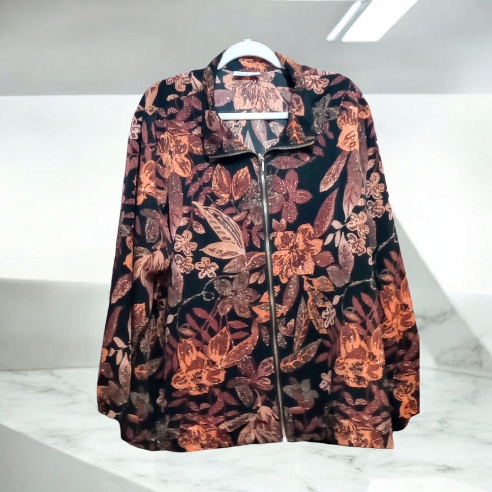 Vintage Women's Blair Jacket Fall Floral Print , Full Zip Pockets Elastic Hem